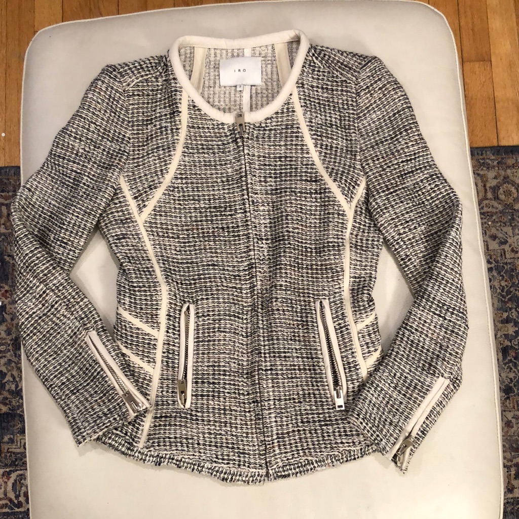 Iro Cream Tweed With Leather Trim Zip Jacket